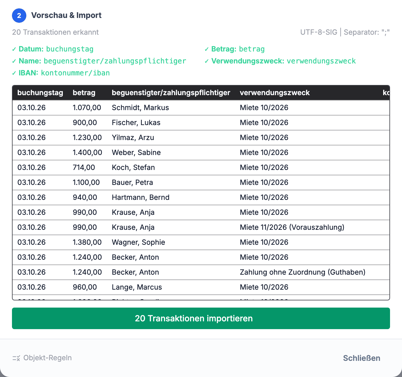 Bank-Import in MietCheck Pro: Vorschau einer CSV-Datei mit erkannten Spalten und den ersten Umsätzen, bevor etwas gebucht wird (Demo-Daten)