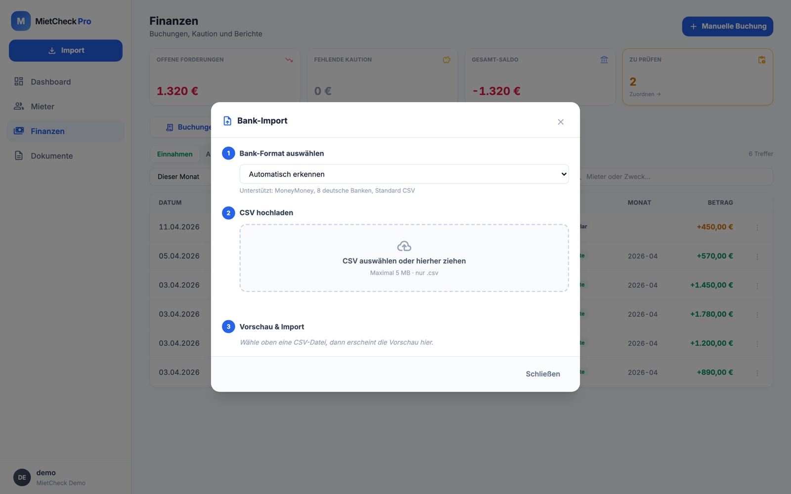Bank-Import-Modal: CSV hochladen, Format erkennen, Vorschau