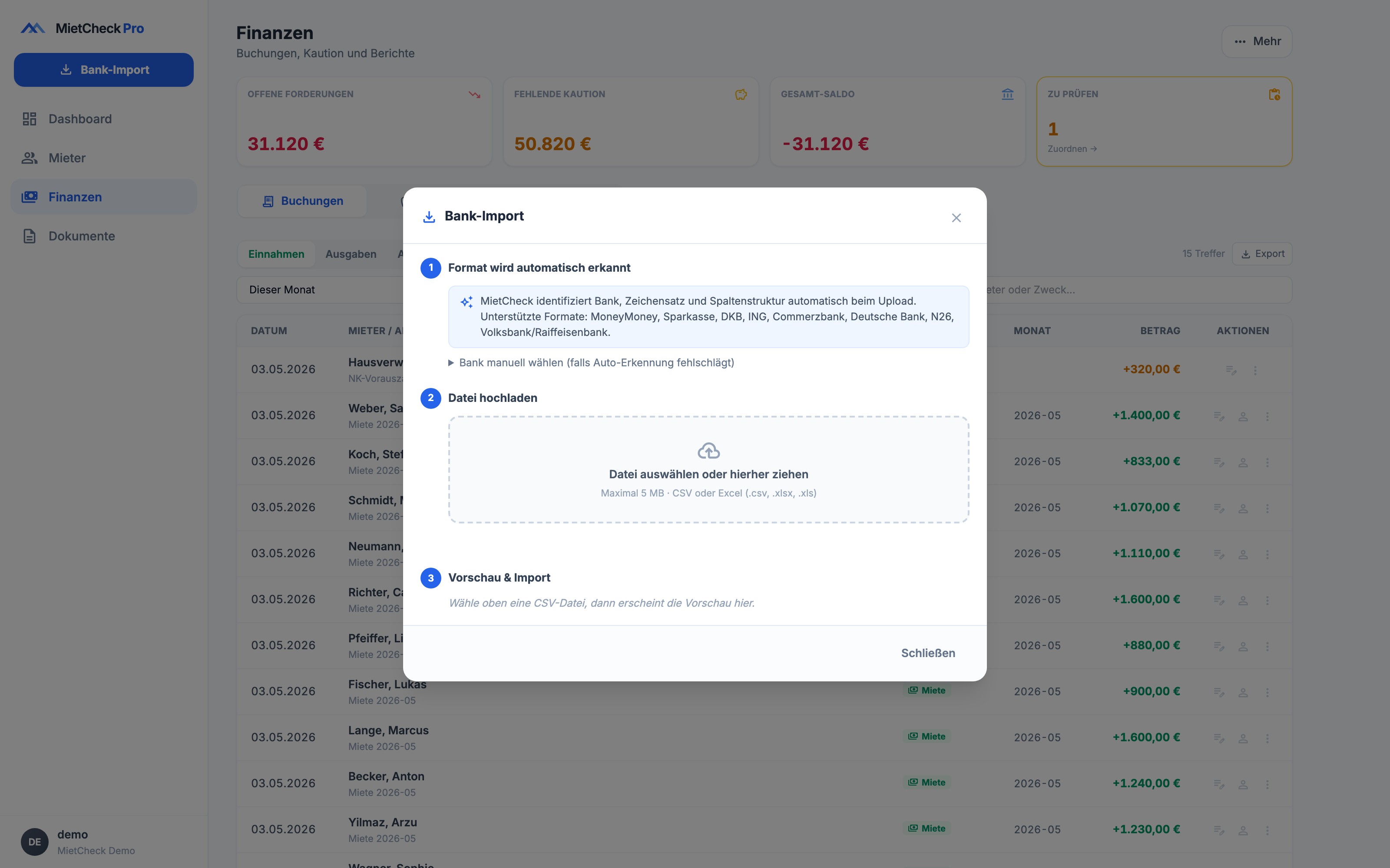Bank-Import-Modal: CSV hochladen, Format erkennen, Vorschau