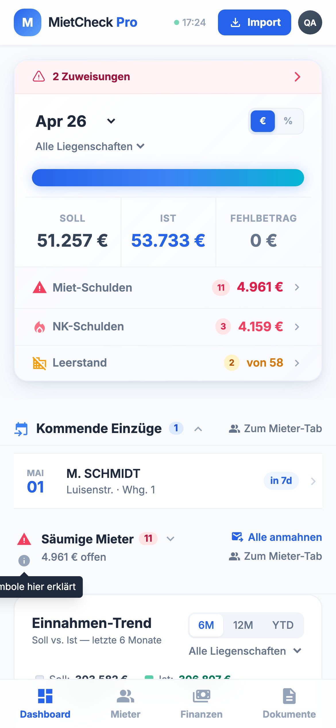 MietCheck Pro auf dem Smartphone — volles Dashboard, Soll-Ist, säumige Mieter