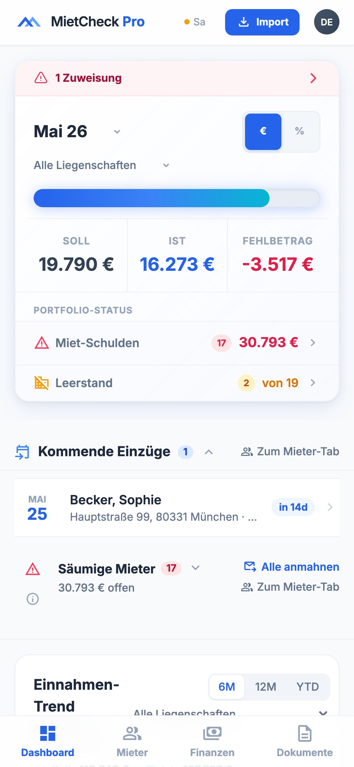 MietCheck Pro auf dem Smartphone — volles Dashboard, Soll-Ist, säumige Mieter