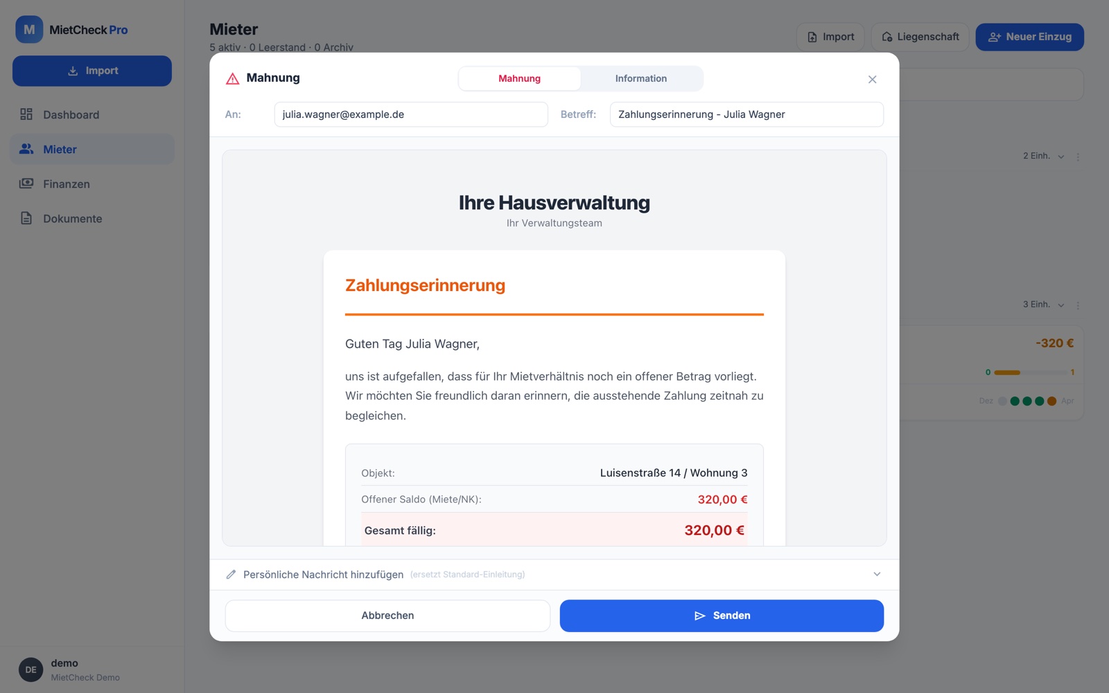 Mahnwesen-Modal: Zahlungserinnerung mit Anrede, Rückstands-Aufschlüsselung und Senden-Button
