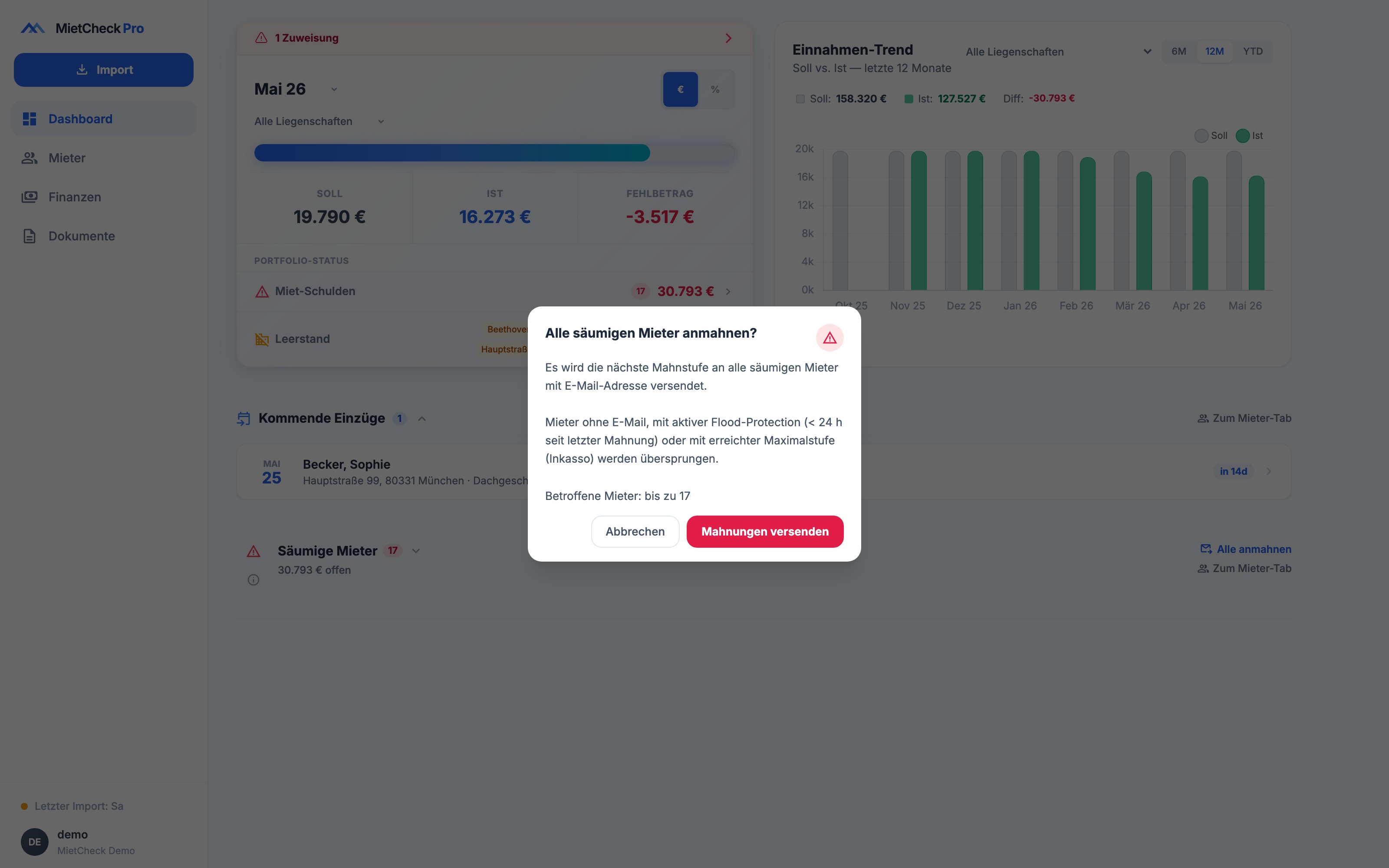 Mahnwesen-Modal: Zahlungserinnerung mit Anrede, Rückstands-Aufschlüsselung und Senden-Button