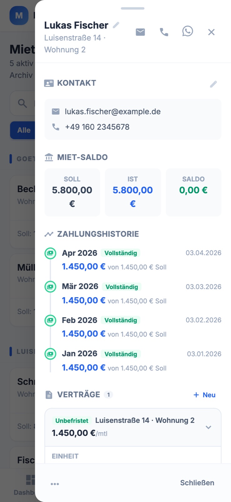 Mieter-Detail auf Mobile: Kontakt, Miet-Saldo, Zahlungshistorie, Vertrags-Accordion